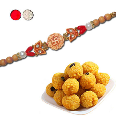 "Rakhi - FR- 8520 A(Single Rakhi), 500gms of Laddu - Click here to View more details about this Product